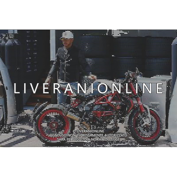 Lewis Hamilton (GBR) Mercedes AMG F1 with his MV Agusta Custom Dragster RR LH44 Superbike. 24.05.2017. Formula 1 World Championship, Rd 6, Monaco Grand Prix, Monte Carlo, Monaco, Preparation Day. AG ALDO LIVERANI SAS ONLY ITALY