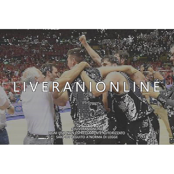 TRIESTE-VIRTUS SEGAFREDO BOLOGNA 19-06-2017 FINALE PLAY OFF PER LA CONQUISTA DELLA SERIE A 1 NELLA FOTO I GIOCATORI DELLA VIRTUS SEGAFREDO BOLOGNA ESULTANO PER LA PROMOZIONE IN SERIE A 1 FOTO OPTIMA-AG ALDO LIVERANI SAS