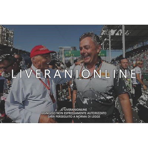 (L to R): Niki Lauda (AUT) Mercedes Non-Executive Chairman with Mario Isola (ITA) Pirelli Racing Manager on the grid. 25.06.2017. Formula 1 World Championship, Rd 8, Azerbaijan Grand Prix, Baku Street Circuit, Azerbaijan, Race Day. AG ALDO LIVERANI SAS ONLY ITALY