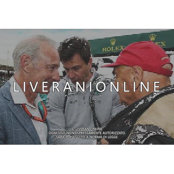 (L to R): Toto Wolff (GER) Mercedes AMG F1 Shareholder and Executive Director and Niki Lauda (AUT) Mercedes Non-Executive Chairman on the grid. 16.07.2017. Formula 1 World Championship, Rd 10, British Grand Prix, Silverstone, England, Race Day. AG ALDO LIVERAI SAS ONLY ITALY