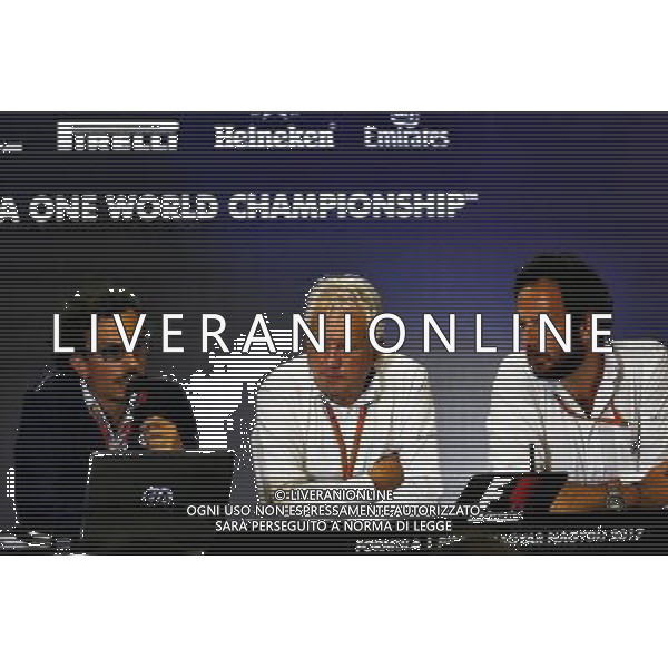 (L to R): Laurent Mekies (FRA) FIA Safety Director with Charlie Whiting (GBR) FIA Delegate and Matteo Bonciani (ITA) FIA Media Delegate in a FIA Press Conference. 27.07.2017. Formula 1 World Championship, Rd 11, Hungarian Grand Prix, Budapest, Hungary, Preparation Day. / AGENZIA ALDO LIVERANI SAS - ITALY ONLY EDITORIAL USE ONLY