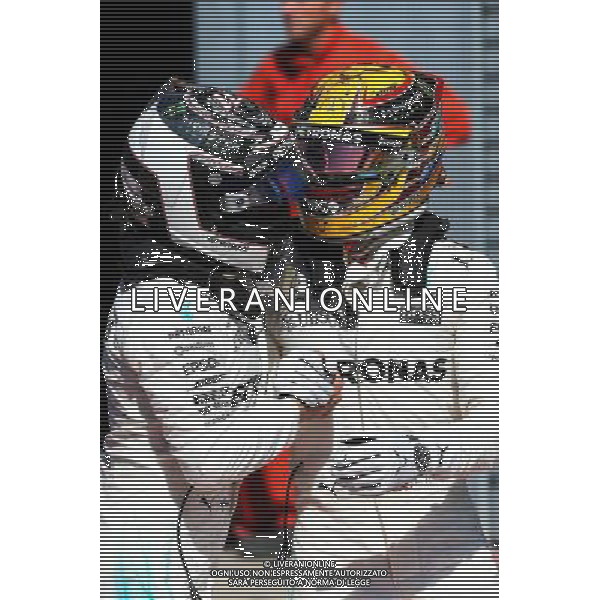 (L to R): second placed Valtteri Bottas (FIN) Mercedes AMG F1 celebrates with race winner and team mate Lewis Hamilton (GBR) Mercedes AMG F1. 03.09.2017. Formula 1 World Championship, Rd 13, Italian Grand Prix, Monza, Italy, Race Day. AG ALDO LIVERANI SAS ONLY ITALY