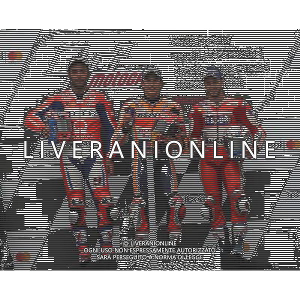 Misano Adriatico ( RN ) 10/09/2017 Misano World Circuit Marco Simoncelli. Gran Premio Tribul Mastercard di San Marino e della Riviera di Rimini 2017 - MOTOGP Premiazione Nella foto: 2 Class. Danilo Petrucci ( ITA ) su DUCATI, il vincitore Marc Marquez ( ESP ) su HONDA e 3 Class. Andrea Dovizioso ( ITA ) su DUCATI sul podio PH Lauro Montagnini AG ALDO LIVERANI SAS