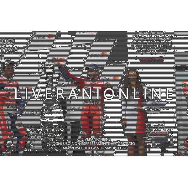 Misano Adriatico ( RN ) 10/09/2017 Misano World Circuit Marco Simoncelli. Gran Premio Tribul Mastercard di San Marino e della Riviera di Rimini 2017 - MOTOGP Premiazione Nella foto: 2 Class. Danilo Petrucci ( ITA ) su DUCATI, il vincitore Marc Marquez ( ESP ) su HONDA e 3 Class. Andrea Dovizioso ( ITA ) su DUCATI sul podio PH Lauro Montagnini AG ALDO LIVERANI SAS