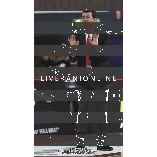 Lega Basket serie A 01/10/2017 V L Pallacanestro Pesaro - Germani Basket Brescia nella foto: Coach Spiro Leka ©Claudio Zamagni/Agenzia Aldo Liverani Coach Spiro Leka during basketball match between V L Pallacanestro Pesaro and Gremani Basket Brescia at Adriatic Arena in Pesaro on October 1 2017 photo credit by Claudio Zamagni/Aldo Liverani Photo Agency