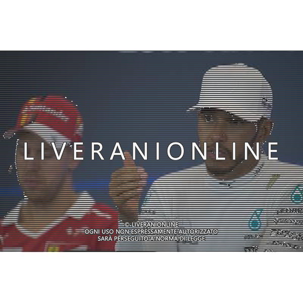 (L to R): Sebastian Vettel (GER) Ferrari and Lewis Hamilton (GBR) Mercedes AMG F1 in the FIA Press Conference. 22.10.2017. Formula 1 World Championship, Rd 17, United States Grand Prix, Austin, Texas, USA, Race Day. / AGENZIA ALDO LIVERANI SAS - ITALY ONLY EDITORIAL USE ONLY