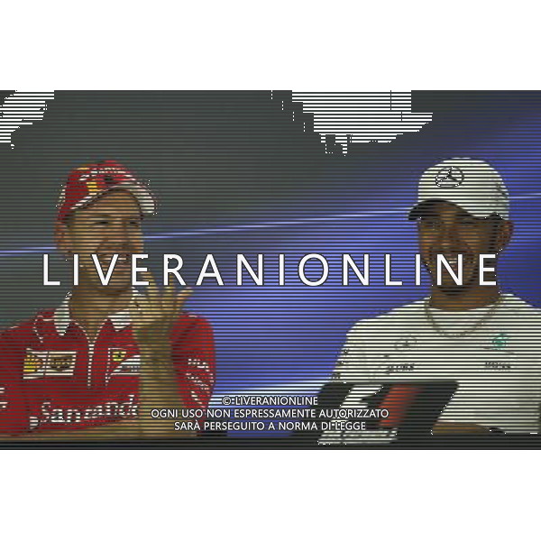 (L to R): Sebastian Vettel (GER) Ferrari and Lewis Hamilton (GBR) Mercedes AMG F1 in the FIA Press Conference. 23.11.2017. Formula 1 World Championship, Rd 20, Abu Dhabi Grand Prix, Yas Marina Circuit, Abu Dhabi, Preparation Day. / AGENZIA ALDO LIVERANI SAS - ITALY ONLY EDITORIAL USE ONLY - GP F1 Abu Dhabi Emirati Arabi Uniti - Preparation Day - 23/11/2017 