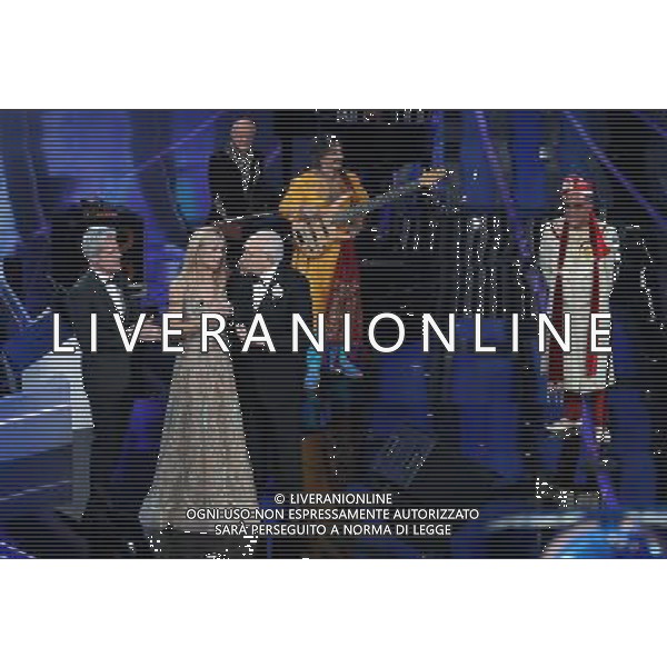 68mo Festival della canzone Italiana Sanremo 2018 Seconda Serata Sanremo (IM) - 07.02.2018 Nella Foto: Claudio Baglioni Michelle Hunziker Pippo Baudo con Elio e le Storie Tese /Ph.Vitez-Ag. Aldo Liverani