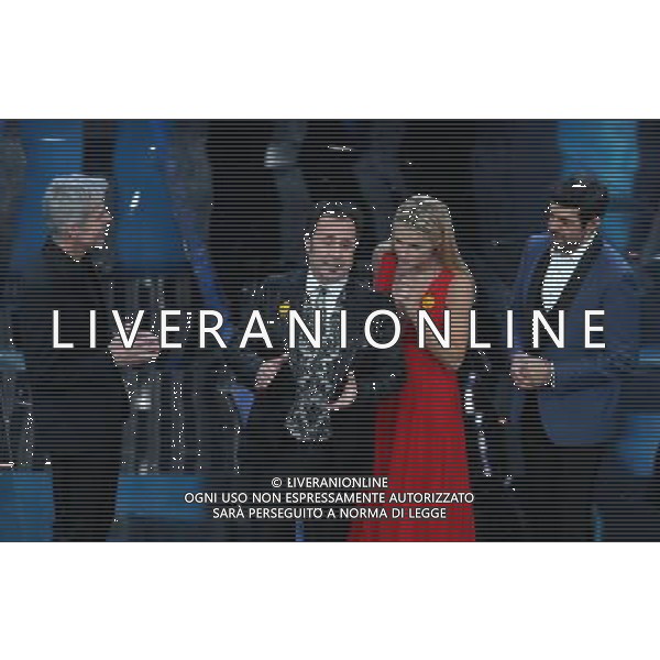 68mo Festival della canzone Italiana Sanremo 2018 Seconda Serata Sanremo (IM) - 07.02.2018 Nella Foto: Mago Forest o Mister Forest, pseudonimo di Michele Foresta con Claudio Baglioni Michelle Hunziker e Pierfrancesco Favino /Ph.Vitez-Ag. Aldo Liverani