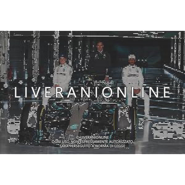 The Mercedes AMG F1 W09 with (L to R): Valtteri Bottas (FIN) Mercedes AMG F1; Toto Wolff (GER) Mercedes AMG F1 Shareholder and Executive Director; and Lewis Hamilton (GBR) Mercedes AMG F1. 22.02.2018. Mercedes AMG F1 W09 Launch, Silverstone, England. / AGENZIA ALDO LIVERANI SAS - ITALY ONLY EDITORIAL USE ONLY
