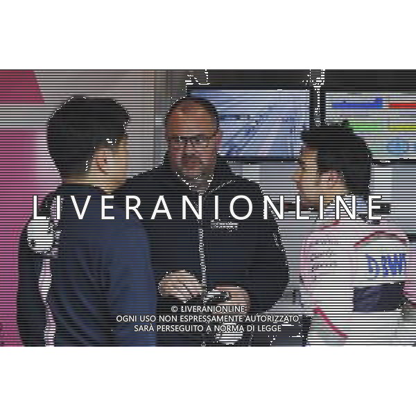 (L to R): Jun Matsuzaki (JPN) Sahara Force India F1 Team Senior Tyre Engineer with Tom McCullough (GBR) Sahara Force India F1 Team Chief Engineer and Sergio Perez (MEX) Sahara Force India F1. 01.03.2018. Formula One Testing, Day Four, Barcelona, Spain. Thursday. / AGENZIA ALDO LIVERANI SAS - ITALY ONLY EDITORIAL USE ONLY - F1 Motor Racing - Formula One Testing - Test One - Day 4 - Barcellona, Spagna 1 Marzo 2018