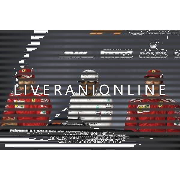 The post qualifying FIA Press Conference (L to R): Sebastian Vettel (GER) Ferrari, third; Lewis Hamilton (GBR) Mercedes AMG F1, pole position; Kimi Raikkonen (FIN) Ferrari, second. 24.03.2018. Formula 1 World Championship, Rd 1, Australian Grand Prix, Albert Park, Melbourne, Australia, Qualifying Day. AG ALDO LIVERANI SAS ONLY ITALY