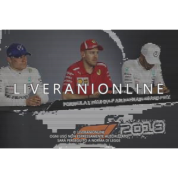 The post race FIA Press Conference (L to R): Valtteri Bottas (FIN) Mercedes AMG F1, second; Sebastian Vettel (GER) Ferrari, race winner; Lewis Hamilton (GBR) Mercedes AMG F1, third. 08.04.2018. Formula 1 World Championship, Rd 2, Bahrain Grand Prix, Sakhir, Bahrain, Race Day. / AGENZIA ALDO LIVERANI SAS - ITALY ONLY EDITORIAL USE ONLY - F1 Motor Racing - Formula One World Championship - Bahrain Grand Prix - Race Day - Sakhir, Bahrain Gara 08.04.2018