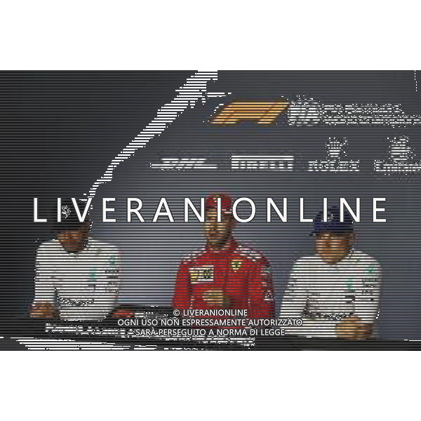 The post qualifying FIA Press Conference (L to R): Lewis Hamilton (GBR) Mercedes AMG F1, second; Sebastian Vettel (GER) Ferrari, pole position; Valtteri Bottas (FIN) Mercedes AMG F1, third. 28.04.2018. Formula 1 World Championship, Rd 4, Azerbaijan Grand Prix, Baku Street Circuit, Azerbaijan, Qualifying Day. / AGENZIA ALDO LIVERANI SAS - ITALY ONLY EDITORIAL USE ONLY - F1 - Formula One World Championship - Azerbaijan Grand Prix - Prove Ufficiali Qualifiche Baku, Azerbaijan 28.04.2018