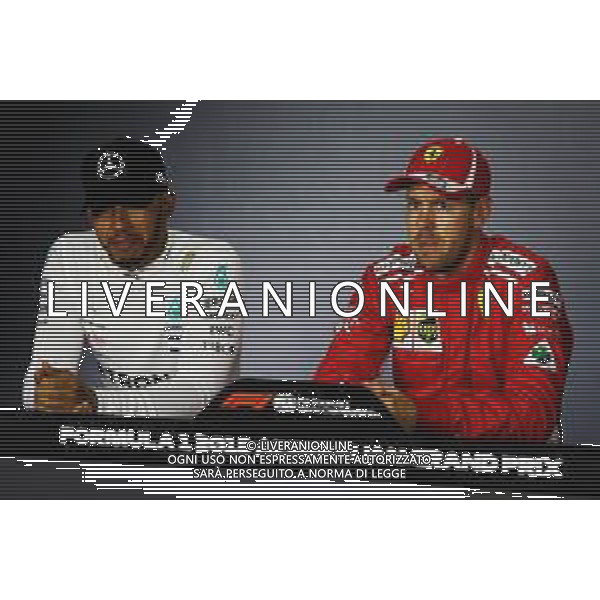 (L to R): Lewis Hamilton (GBR) Mercedes AMG F1 and Sebastian Vettel (GER) Ferrari in the post qualifying FIA Press Conference. 28.04.2018. Formula 1 World Championship, Rd 4, Azerbaijan Grand Prix, Baku Street Circuit, Azerbaijan, Qualifying Day. / AGENZIA ALDO LIVERANI SAS - ITALY ONLY EDITORIAL USE ONLY - F1 - Formula One World Championship - Azerbaijan Grand Prix - Prove Ufficiali Qualifiche Baku, Azerbaijan 28.04.2018