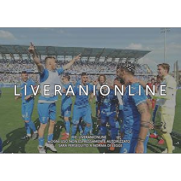 Foto: Aldo Liverani 28/04/2018 Empoli (Italia) Sport Calcio Empoli vs Novara - Campionato italiano di calcio Serie B ConTe.it 2017/2018 - Stadio "Carlo Castellani" Nella foto: i giocatori dell\'Empoli esultano a fine gara / AGENZIA ALDO LIVERANI SAS Empoli vs Novara - Campionato italiano di calcio Serie B ConTe.it 2017/2018 Esultanza e festeggiamenti dei giocatori Empoli a fine gara per la promozione in Serie A