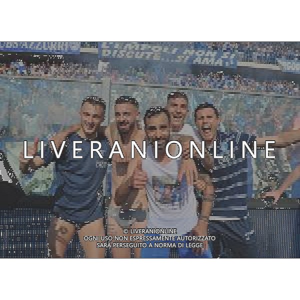 Foto: Aldo Liverani 28/04/2018 Empoli (Italia) Sport Calcio Empoli vs Novara - Campionato italiano di calcio Serie B ConTe.it 2017/2018 - Stadio "Carlo Castellani" Nella foto: i giocatori dell\'Empoli esultano a fine gara / AGENZIA ALDO LIVERANI SAS Empoli vs Novara - Campionato italiano di calcio Serie B ConTe.it 2017/2018 Esultanza e festeggiamenti dei giocatori Empoli a fine gara per la promozione in Serie A