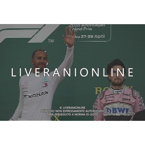 1st place Lewis Hamilton (GBR) Mercedes AMG F1 W09 and 3rd place Sergio Perez (MEX) Sahara Force India F1 VJM11. 29.04.2018. Formula 1 World Championship, Rd 4, Azerbaijan Grand Prix, Baku Street Circuit, Azerbaijan, Race Day. / AGENZIA ALDO LIVERANI SAS - ITALY ONLY EDITORIAL USE ONLY - F1 Motor Racing - Formula One World Championship - Azerbaijan Grand Prix - Race Day - Gara Baku, Azerbaijan 29.04.2018