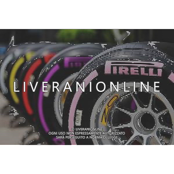 Pirelli show tyres. 10.05.2018. Formula 1 World Championship, Rd 5, Spanish Grand Prix, Barcelona, Spain, Preparation Day. / AGENZIA ALDO LIVERANI SAS - ITALY ONLY EDITORIAL USE ONLY - Formula 1 World Championship, Rd 5, F1 Gp Spagna, Barcellona, Preparation Day 10.05.2018.