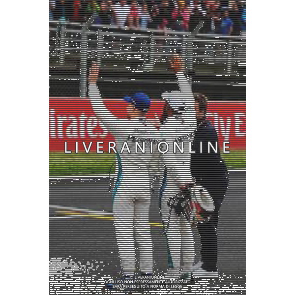 (L to R): Valtteri Bottas (FIN) Mercedes AMG F1 celebrates his second position in qualifying parc ferme with team mate and pole sitter Lewis Hamilton (GBR) Mercedes AMG F1, who is interviewed by Davide Valsecchi (ITA) Sky F1 Italia Presenter. 12.05.2018. Formula 1 World Championship, Rd 5, Spanish Grand Prix, Barcelona, Spain, Qualifying Day. / AGENZIA ALDO LIVERANI SAS - ITALY ONLY EDITORIAL USE ONLY - F1 Gp Spagna Prove Ufficiali Qualifiche Barcellona 12.05.2018