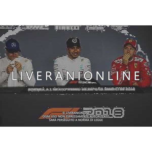 The post qualifying FIA Press Conference (L to R): Valtteri Bottas (FIN) Mercedes AMG F1, second; Lewis Hamilton (GBR) Mercedes AMG F1, pole position; Sebastian Vettel (GER) Ferrari, third 12.05.2018. Formula 1 World Championship, Rd 5, Spanish Grand Prix, Barcelona, Spain, Qualifying Day. / AGENZIA ALDO LIVERANI SAS - ITALY ONLY EDITORIAL USE ONLY - F1 Gp Spagna Prove Ufficiali Qualifiche Barcellona 12.05.2018