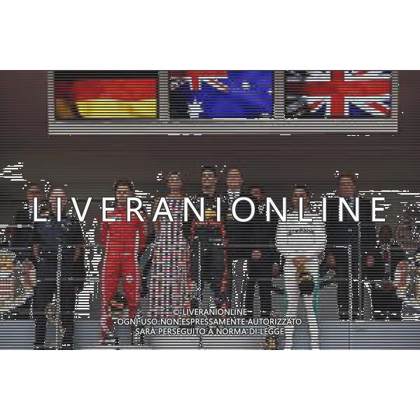 The podium (L to R): Adrian Newey (GBR) Red Bull Racing Chief Technical Officer; Sebastian Vettel (GER) Ferrari, second; Daniel Ricciardo (AUS) Red Bull Racing, race winner; Lewis Hamilton (GBR) Mercedes AMG F1, third. 27.05.2018. Formula 1 World Championship, Rd 6, Monaco Grand Prix, Monte Carlo, Monaco, Race Day. / AGENZIA ALDO LIVERANI SAS - ITALY ONLY EDITORIAL USE ONLY - F1 Gp Monaco Gara Montecarlo 27.05.2018