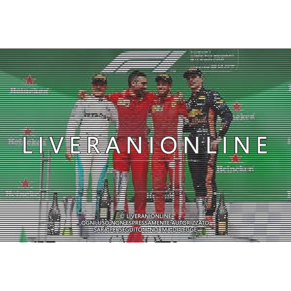 The podium (L to R): Valtteri Bottas (FIN) Mercedes AMG F1, second; Sebastian Vettel (GER) Ferrari, race winner; Max Verstappen (NLD) Red Bull Racing, third. 10.06.2018. Formula 1 World Championship, Rd 7, Canadian Grand Prix, Montreal, Canada, Race Day. AG ALDO LIVERANI SAS-ONLY ITALY