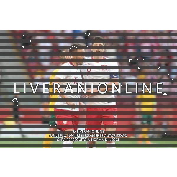 WARSZAWA 12.06.2018 SPORT PILKA NOZNA FOOTBALL MIEDZYNARODOWY MECZ TOWARZYSKI INTERNATIONAL FRIENDLY FOOTBALL MATCH POLSKA - LITWA POLAND - LITHUANIA NZ. MACIEJ RYBUS (POL) ROBERT LEWANDOWSKI (POL) RADOSC FOT. MICHAL CHWIEDUK / FOKUSMEDIA.COM.PL AG ALDO LIVERANI SAS ONLY ITALY