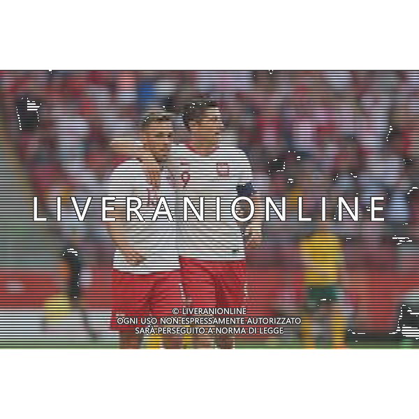 WARSZAWA 12.06.2018 SPORT PILKA NOZNA FOOTBALL MIEDZYNARODOWY MECZ TOWARZYSKI INTERNATIONAL FRIENDLY FOOTBALL MATCH POLSKA - LITWA POLAND - LITHUANIA NZ. MACIEJ RYBUS (POL) ROBERT LEWANDOWSKI (POL) RADOSC FOT. MICHAL CHWIEDUK / FOKUSMEDIA.COM.PL AG ALDO LIVERANI SAS ONLY ITALY