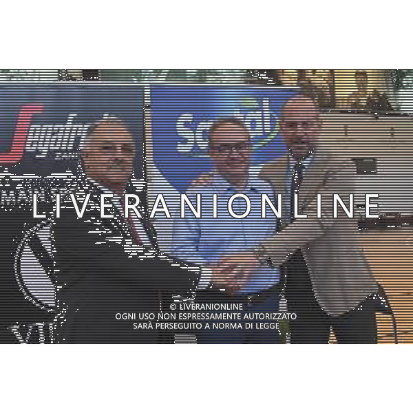 Conferenza Stampa di presentazione di Stefano Sacripanti nuovo allenatore della Virtus Bologna Basket 15.06.2018 nella foto con il vicepresidente, Giuseppe Sermasi, e dal nuovo ad, Alessandro Dalla Salda ©OPTIMAFOTO / AGENZIA ALDO LIVERANI SAS