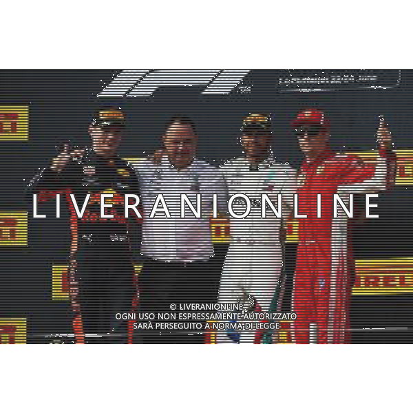 The podium (L to R): Max Verstappen (NLD) Red Bull Racing, second; Ron Meadows (GBR) Mercedes GP Team Manager; Lewis Hamilton (GBR) Mercedes AMG F1, race winner; Kimi Raikkonen (FIN) Ferrari, third. 24.06.2018. Formula 1 World Championship, Rd 8, French Grand Prix, Paul Ricard, France, Race Day. / AGENZIA ALDO LIVERANI SAS - ITALY ONLY EDITORIAL USE ONLY - F1 GP FRANCIA GARA 24.06.2018