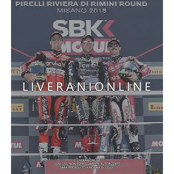 FIM World Superbike Championship Pirelli Riviera di Rimini Round Misano World Circuit Marco Simoncelli Gara 1 07/07/2018 nella foto: Jonathan Rea (Kawasaki ZX-10RR) Chaz Davies (Ducati Panigale R) Eugene Laverty (Aprilia RSV RF) ©Claudio Zamagni/Agenzia Aldo Liverani Jonathan Rea (Kawasaki ZX-10RR) Chaz Davies (Ducati Panigale R) Eugene Laverty (Aprilia RSV RF) during Race 1 FIM World Superbike Championship Pirelli Riviera di Rimini Round at Misano World Circuit Marco Simoncelli 07 July 2018 Photo Credit: Claudio Zamagni/Aldo Liverani Photo Agency