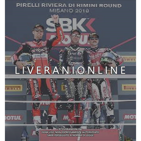 FIM World Superbike Championship Pirelli Riviera di Rimini Round Misano World Circuit Marco Simoncelli Gara 1 07/07/2018 nella foto:Jonathan Rea (Kawasaki ZX-10RR) Chaz Davies (Ducati Panigale R) Eugene Laverty (Aprilia RSV RF) ©Claudio Zamagni/Agenzia Aldo Liverani Jonathan Rea (Kawasaki ZX-10RR) Chaz Davies (Ducati Panigale R) Eugene Laverty (Aprilia RSV RF) during Race 1 FIM World Superbike Championship Pirelli Riviera di Rimini Round at Misano World Circuit Marco Simoncelli 07 July 2018 Photo Credit: Claudio Zamagni/Aldo Liverani Photo Agency