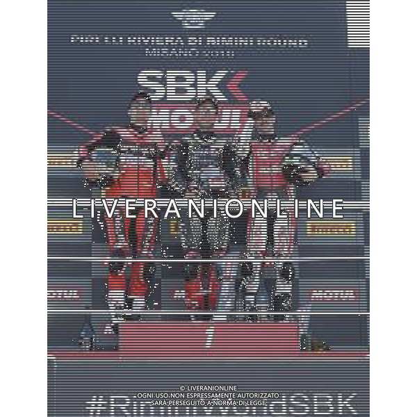 FIM World Superbike Championship Pirelli Riviera di Rimini Round Misano World Circuit Marco Simoncelli Gara 1 07/07/2018 nella foto:Jonathan Rea (Kawasaki ZX-10RR) Chaz Davies (Ducati Panigale R) Eugene Laverty (Aprilia RSV RF) ©Claudio Zamagni/Agenzia Aldo Liverani Jonathan Rea (Kawasaki ZX-10RR) Chaz Davies (Ducati Panigale R) Eugene Laverty (Aprilia RSV RF) during Race 1 FIM World Superbike Championship Pirelli Riviera di Rimini Round at Misano World Circuit Marco Simoncelli 07 July 2018 Photo Credit: Claudio Zamagni/Aldo Liverani Photo Agency