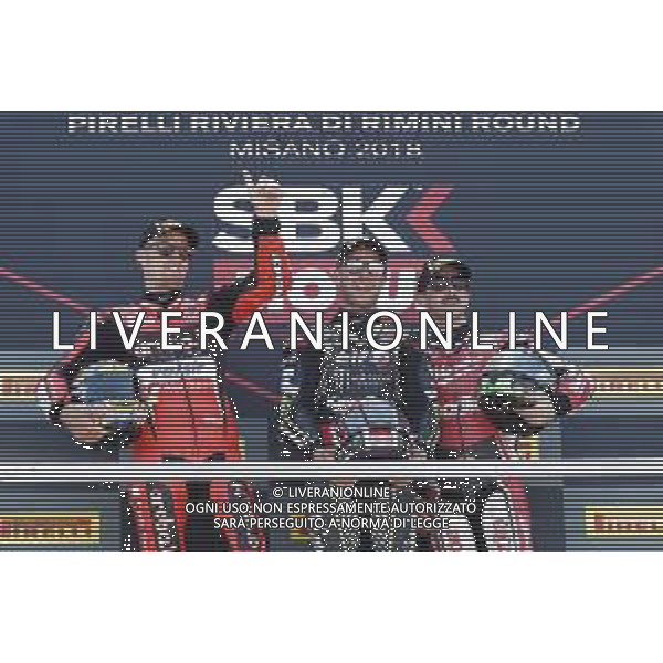 FIM World Superbike Championship Pirelli Riviera di Rimini Round Misano World Circuit Marco Simoncelli Gara 1 07/07/2018 nella foto: Jonathan Rea (Kawasaki ZX-10RR) Chaz Davies (Ducati Panigale R) Eugene Laverty (Aprilia RSV RF) ©Claudio Zamagni/Agenzia Aldo Liverani Jonathan Rea (Kawasaki ZX-10RR) Chaz Davies (Ducati Panigale R) Eugene Laverty (Aprilia RSV RF) during Race 1 FIM World Superbike Championship Pirelli Riviera di Rimini Round at Misano World Circuit Marco Simoncelli 07 July 2018 Photo Credit: Claudio Zamagni/Aldo Liverani Photo Agency