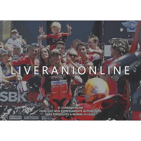FIM World Superbike Championship Pirelli Riviera di Rimini Round Misano World Circuit Marco Simoncelli Gara 2 08/07/2018 nella foto: Michael Ruben Rinaldi (Ducati Panigale R) ©Claudio Zamagni/Agenzia Aldo Liverani Michael Ruben Rinaldi (Ducati Panigale R) with his team after Race 2 FIM World Superbike Championship Pirelli Riviera di Rimini Round at Misano World Circuit Marco Simoncelli 08 July 2018 Photo Credit: Claudio Zamagni/Aldo Liverani Photo Agency