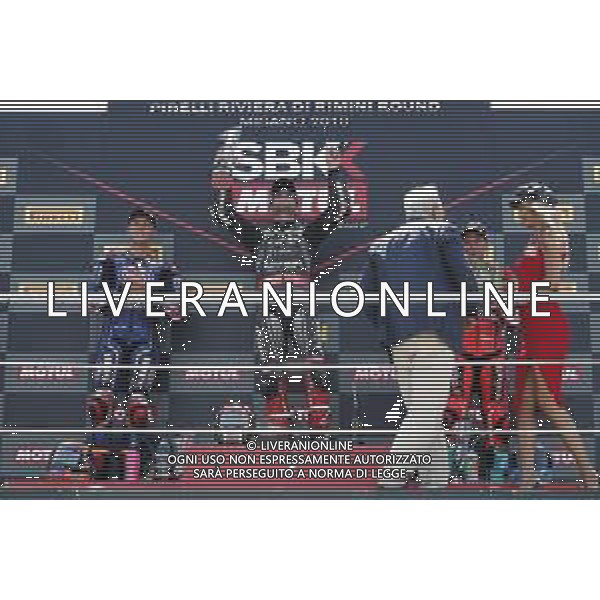 FIM World Superbike Championship Pirelli Riviera di Rimini Round Misano World Circuit Marco Simoncelli Gara 2 08/07/2018 nella foto: Jonathan Rea (Kawasaki ZX-10RR) Michael Van Der Mark (Yamaha YZF R1) Marco Melandri (Ducati Panigale R) ©Claudio Zamagni/Agenzia Aldo Liverani Jonathan Rea (Kawasaki ZX-10RR) Michael Van Der Mark (Yamaha YZF R1) Marco Melandri (Ducati Panigale R) after Race 2 FIM World Superbike Championship Pirelli Riviera di Rimini Round at Misano World Circuit Marco Simoncelli 08 July 2018 Photo Credit: Claudio Zamagni/Aldo Liverani Photo Agency