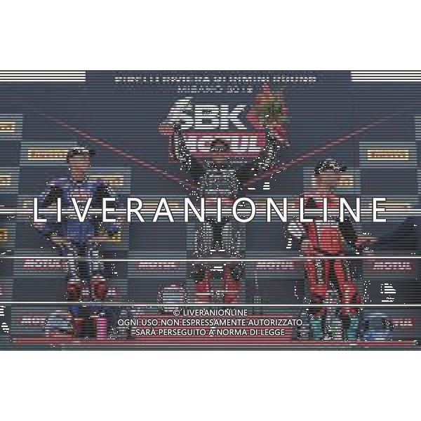 FIM World Superbike Championship Pirelli Riviera di Rimini Round Misano World Circuit Marco Simoncelli Gara 2 08/07/2018 nella foto: Jonathan Rea (Kawasaki ZX-10RR) Michael Van Der Mark (Yamaha YZF R1) Marco Melandri (Ducati Panigale R) ©Claudio Zamagni/Agenzia Aldo Liverani Jonathan Rea (Kawasaki ZX-10RR) Michael Van Der Mark (Yamaha YZF R1) Marco Melandri (Ducati Panigale R) after Race 2 FIM World Superbike Championship Pirelli Riviera di Rimini Round at Misano World Circuit Marco Simoncelli 08 July 2018 Photo Credit: Claudio Zamagni/Aldo Liverani Photo Agency