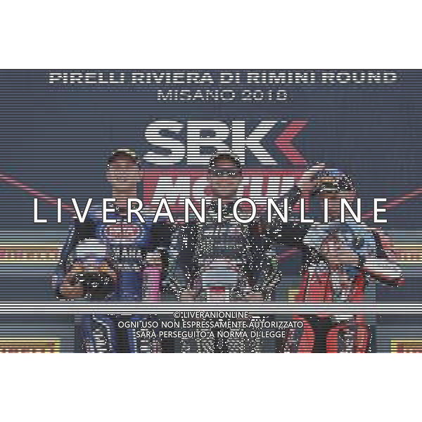 FIM World Superbike Championship Pirelli Riviera di Rimini Round Misano World Circuit Marco Simoncelli Gara 2 08/07/2018 nella foto: Jonathan Rea (Kawasaki ZX-10RR) Michael Van Der Mark (Yamaha YZF R1) Marco Melandri (Ducati Panigale R) ©Claudio Zamagni/Agenzia Aldo Liverani Jonathan Rea (Kawasaki ZX-10RR) Michael Van Der Mark (Yamaha YZF R1) Marco Melandri (Ducati Panigale R) after Race 2 FIM World Superbike Championship Pirelli Riviera di Rimini Round at Misano World Circuit Marco Simoncelli 08 July 2018 Photo Credit: Claudio Zamagni/Aldo Liverani Photo Agency