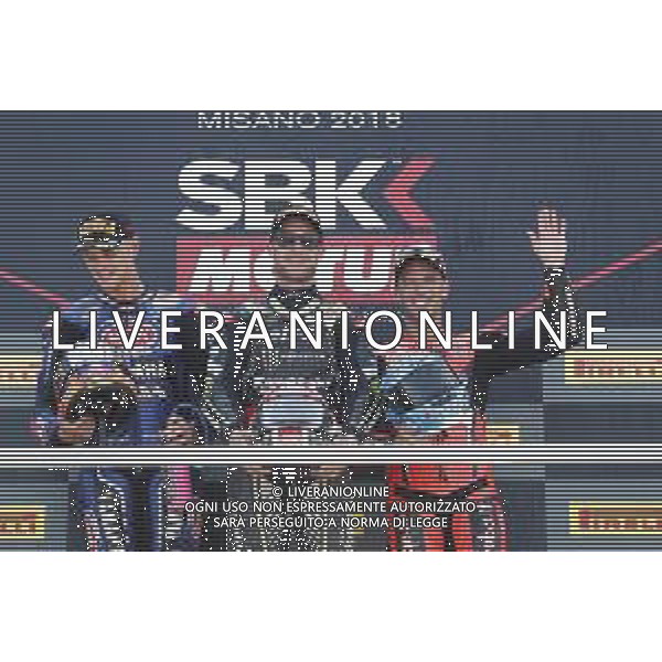FIM World Superbike Championship Pirelli Riviera di Rimini Round Misano World Circuit Marco Simoncelli Gara 2 08/07/2018 nella foto: Jonathan Rea (Kawasaki ZX-10RR) Michael Van Der Mark (Yamaha YZF R1) Marco Melandri (Ducati Panigale R) ©Claudio Zamagni/Agenzia Aldo Liverani Jonathan Rea (Kawasaki ZX-10RR) Michael Van Der Mark (Yamaha YZF R1) Marco Melandri (Ducati Panigale R) after Race 2 FIM World Superbike Championship Pirelli Riviera di Rimini Round at Misano World Circuit Marco Simoncelli 08 July 2018 Photo Credit: Claudio Zamagni/Aldo Liverani Photo Agency