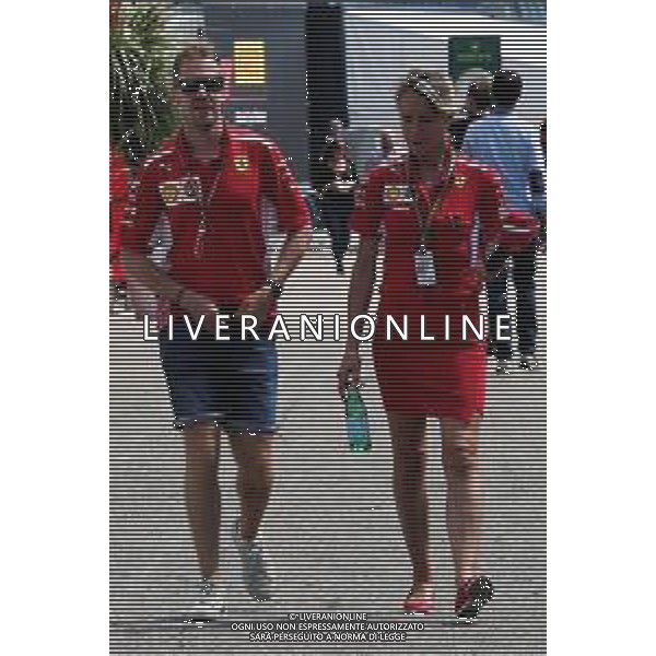 (L to R): Sebastian Vettel (GER) Ferrari with Britta Roeske (AUT) Ferrari Press Officer. 19.07.2018. Formula 1 World Championship, Rd 11, German Grand Prix, Hockenheim, Germany, Preparation Day. / AGENZIA ALDO LIVERANI SAS - ITALY ONLY EDITORIAL USE ONLY - - F1 GP GERMANIA Hockenheim, Preparation Day 19.07.2018.