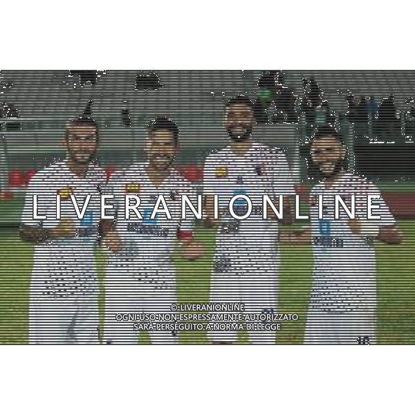 IMOLA 02 09 2018 IMOLESE CALCIO-RAVENNA AUTORI DELLE RETI IMOLESE CALCIO DA SINISTRA ERIC LANINI MICHELE VALENTINI CARINI FILIPPO LUCA BELCASTRO foto gianni sanna-ag aldo liverani sas