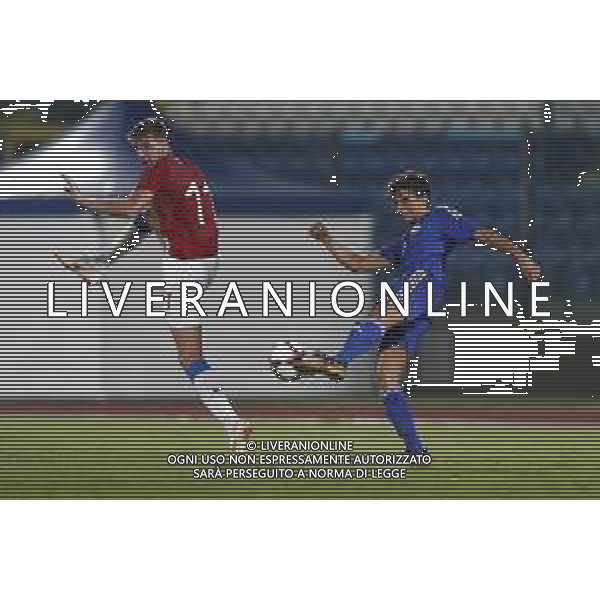 San Marino - Repubblica Ceca 05/09/2018 qualificazioni del gruppo 1 al campionato Europeo Under 21 Italia 2019 nella foto: Michael Battistini (San Marino) Ladislav Takacs (Czech Republic) Claudio Zamagni/Agenzia Aldo Liverani Michael Battistini (San Marino) Ladislav Takacs (Czech Republic) during Qualifying European Under 21 Championship Italy 2019 international soccer match group one between San Marino u21 and Czech Republic u21 at San Marino Olympic Stadium on September 5 2018 photo credit by Claudio Zamagni/Aldo Liverani Photo Agency