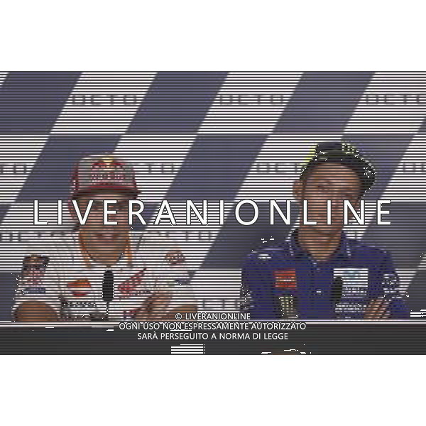 Misano - Motomondiale Gran Premio OCTO di San Marino e della Riviera di Rimini 06/09/2018 nella foto: Marc Marquez (REPSOL HONDA TEAM) Valentino Rossi (MOVISTAR YAMAHA MotoGP)durante la conferenza stampa prima dell\'evento ©Claudio Zamagni/Agenzia Aldo Liverani Marc Marquez (REPSOL HONDA TEAM) Valentino Rossi (MOVISTAR YAMAHA MotoGP) during pre event press conference MotoGP OCTO of San Marino on September 06 2018 at Misano World Circuit Marco Simoncelli Misano Adriatico Italy photo credit by Claudio Zamagni/Aldo Liverani Photo Agency / AGENZIA ALDO LIVERANI SAS