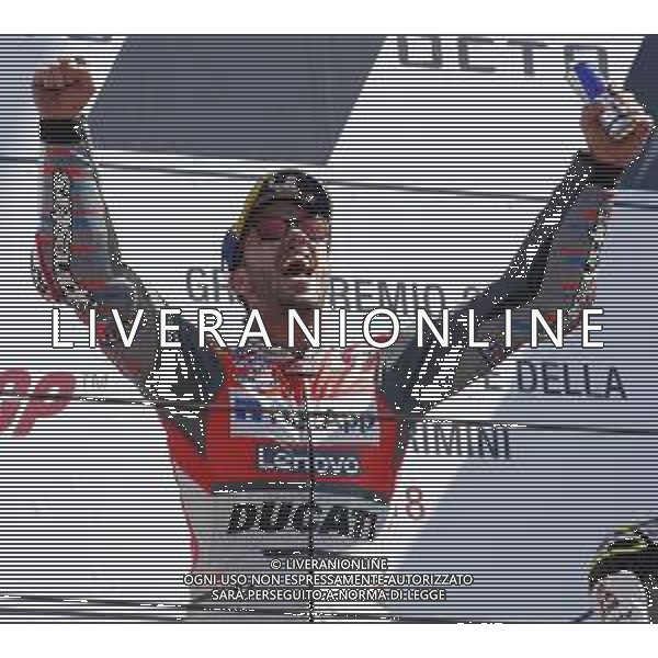 Misano - Motomondiale Gran Premio OCTO di San Marino e della Riviera di Rimini 09/09/2018 nella foto: esultanza Andrea Dovizioso (DUCATI TEAM) sul podio - MotoGp ©Claudio Zamagni/Agenzia Aldo Liverani Andrea Dovizioso (DUCATI TEAM) celebrates the victory after race during the race MotoGP OCTO of San Marino on September 09 2018 at Misano World Circuit Marco Simoncelli Misano Adriatico Italy photo credit by Claudio Zamagni/Aldo Liverani Photo Agency / AGENZIA ALDO LIVERANI SAS - Podio MotoGp