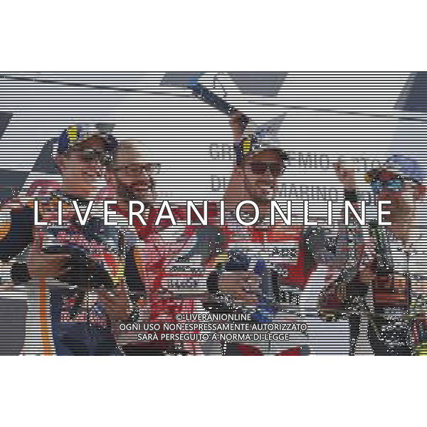Misano - Motomondiale Gran Premio OCTO di San Marino e della Riviera di Rimini 09/09/2018 nella foto: esultanza Andrea Dovizioso (DUCATI TEAM) Marc Marquez (REPSOL HONDA TEAM) Cal Crutchlow (LCR HONDA CASTROL ) Podio MotoGp ©Claudio Zamagni/Agenzia Aldo Liverani Andrea Dovizioso (DUCATI TEAM) Marc Marquez (REPSOL HONDA TEAM) Cal Crutchlow (LCR HONDA CASTROL*) celebrates the victory after race MotoGP OCTO of San Marino on September 09 2018 at Misano World Circuit Marco Simoncelli Misano Adriatico Italy photo credit by Claudio Zamagni/Aldo Liverani Photo Agency / AGENZIA ALDO LIVERANI SAS - Podio MotoGp