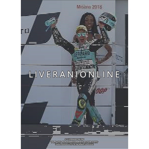 Misano Adriatico ( RN ) 09/09/2018 Misano World Circuit Marco Simoncelli. Gran Premio Octo di San Marino e della Riviera di Rimini 2018 - Moto3 Premiazione Nella foto: il vincitore Lorenzo Della Porta ( ITA ) su Honda sul podio PH Lauro Montagnini AG ALDO LIVERANI SAS