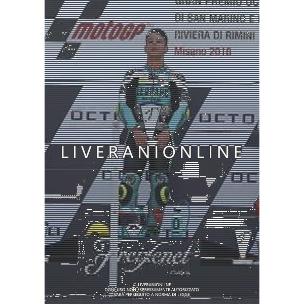 Misano Adriatico ( RN ) 09/09/2018 Misano World Circuit Marco Simoncelli. Gran Premio Octo di San Marino e della Riviera di Rimini 2018 - Moto3 Premiazione Nella foto: il vincitore Lorenzo Della Porta ( ITA ) su Honda sul podio PH Lauro Montagnini AG ALDO LIVERANI SAS