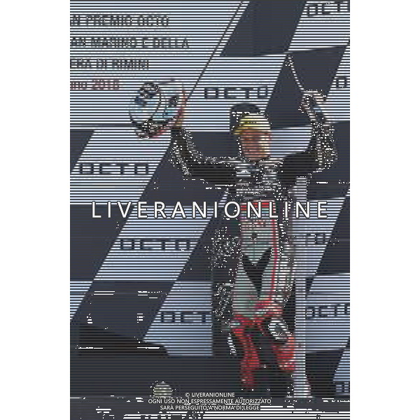 Misano Adriatico ( RN ) 09/09/2018 Misano World Circuit Marco Simoncelli. Gran Premio Octo di San Marino e della Riviera di Rimini 2018 - Moto2 Premiazione Nella foto: 3° Class. Schrotter Marcel ( GER ) su KALEX sul podio PH Lauro Montagnini AG ALDO LIVERANI SAS