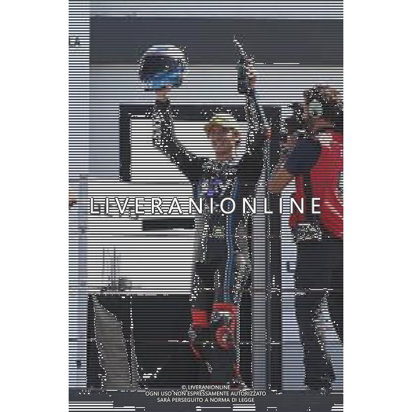 Misano Adriatico ( RN ) 09/09/2018 Misano World Circuit Marco Simoncelli. Gran Premio Octo di San Marino e della Riviera di Rimini 2018 - Moto2 Premiazione Nella foto: Il vincitore Francesco Bagnaia ( ITA ) su KALEX PH Lauro Montagnini AG ALDO LIVERANI SAS